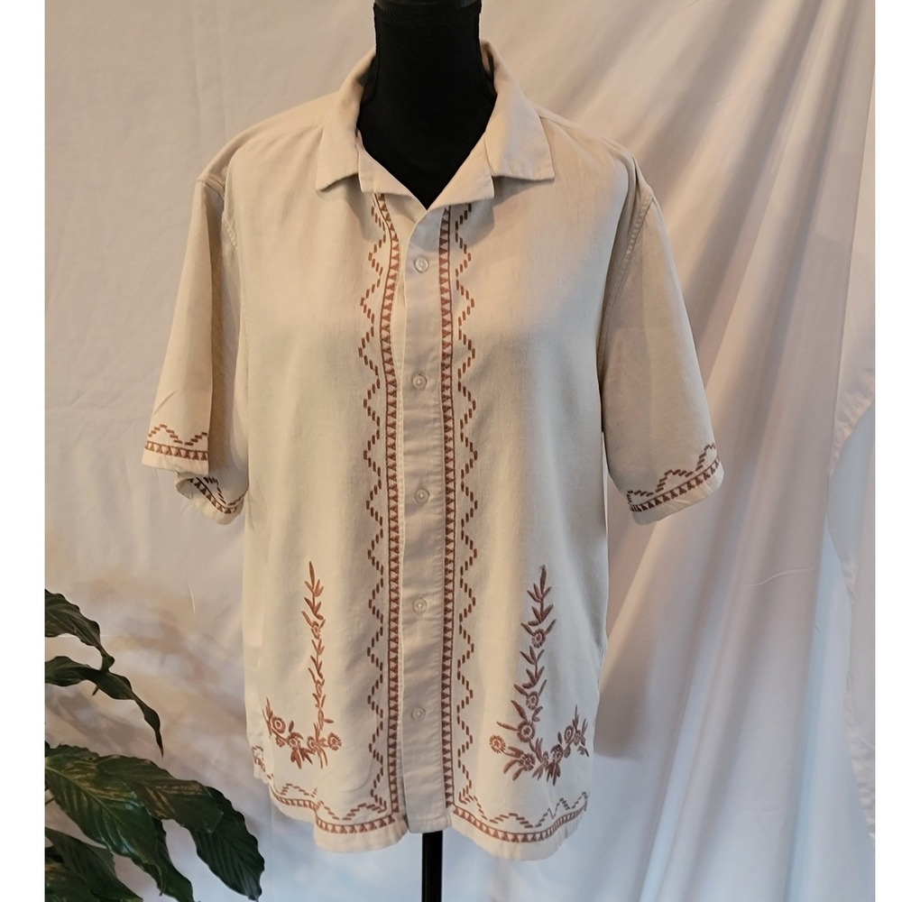 Abercrombie & Fitch Mens Medium Cream Linen Blend Embroidered Button Up Shirt